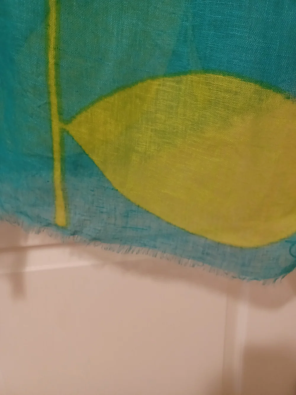 100% Linen Turquoise and Lime Leaf-Print Lightweight Scarf